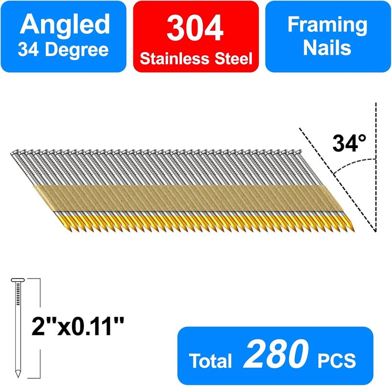 SimCos 34-30 Degree Framing Nails 304 Stainless Steel D Head Paper Tape Strip Nails for 30 to 34 degree Framing Nailer (2"-280 PCS) - Image 3